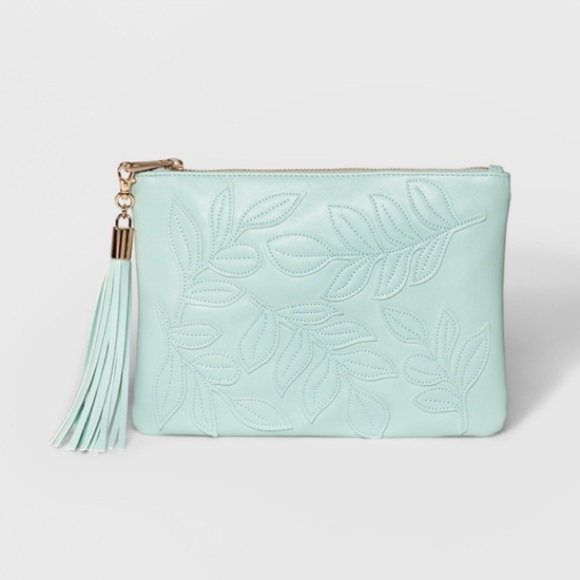 NEW | A New Day | Women’s Celadon Leather Clutch with Appliquéd Leaves & Tassel - Picture 1 of 5